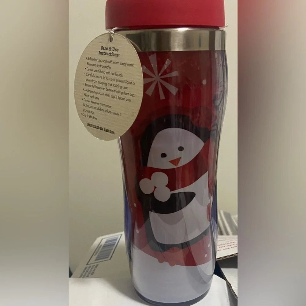 NWT Eco Style Reusable To Go Cup 16 Oz Double Wall Bpa Free penguin T29
